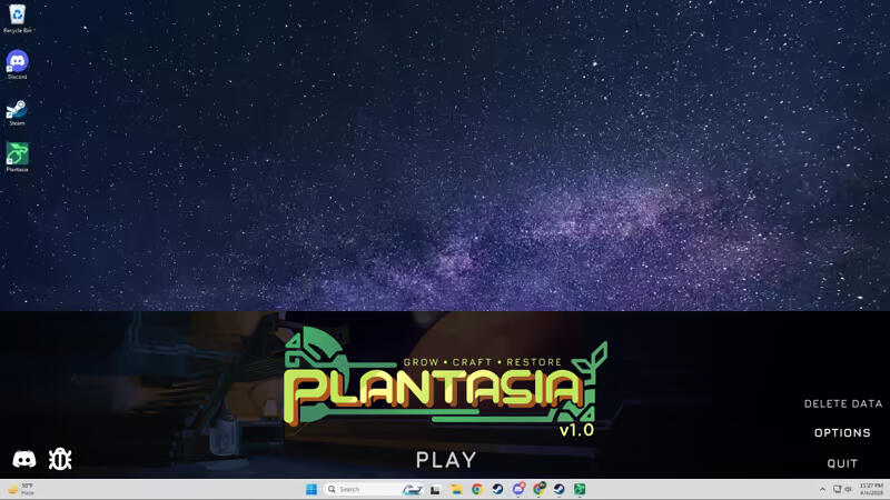 A screenshot of the game Plantasia with three racks of planters. In the middle is three plants ready for harvest.