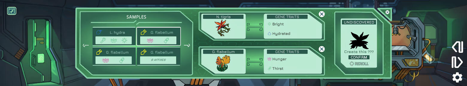 A screenshot of the game Plantasia with three racks of planters. In the middle is three plants ready for harvest.